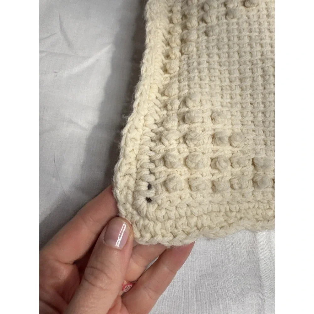 Vintage‎ Handmade Crochet Bobble Pillow Cream Wool Yarn Square Cushion 12